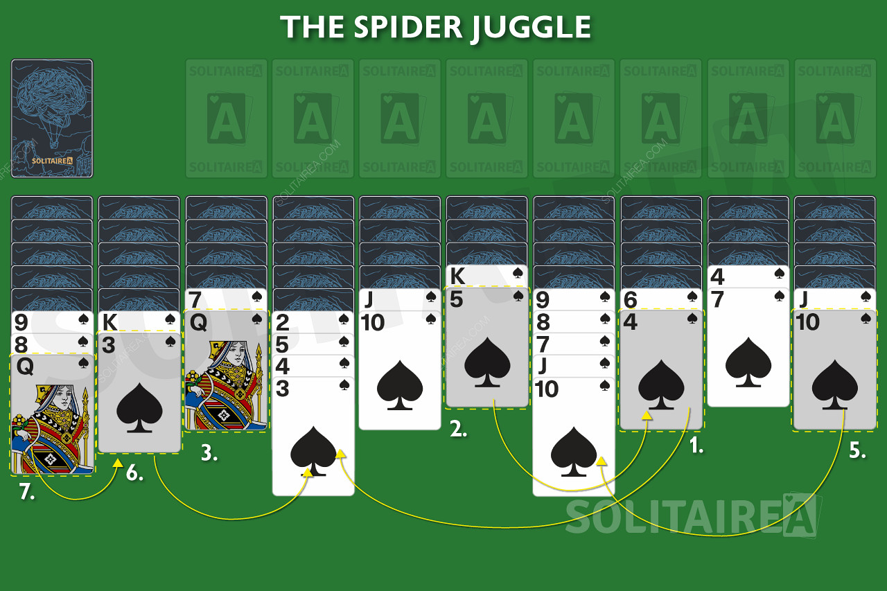 В Spider вы жонглируете картами в стопках от туза до короля, прежде чем они будут перемещены на основу.