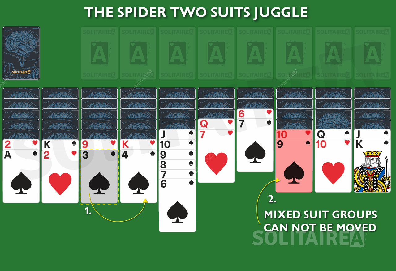 Смешанные группы мастей не могут быть перемещены в пасьянсе Spider Solitaire 2 Suits